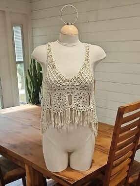 Boho Crochet Fringe Tank Top - Cream Sz Small